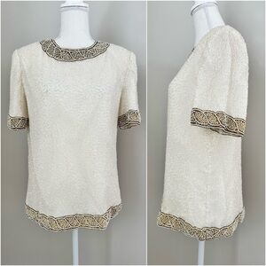 Vintage Camille Marie 100% Silk Beaded Embellished Blouse Ivory M